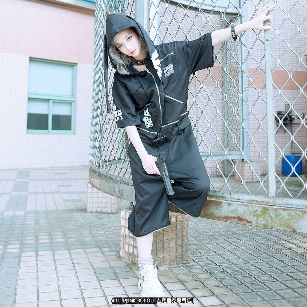 JillpunkオリジナルKERA アニメお宅機動警察NEET自宅警備隊ゲーム配信選手半袖ワークオーバーオール 兎耳フード付きチャック股下取り外し可能作業服パンツズボン メンズ レディーズ おしゃれ大きいサイズ男女兼用ファッション秋葉系カッコいい