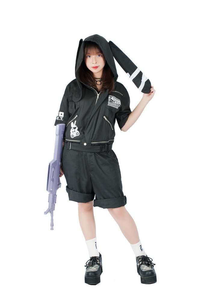 JillpunkオリジナルKERA アニメお宅機動警察NEET自宅警備隊ゲーム配信選手半袖ワークオーバーオール 兎耳フード付きチャック股下取り外し可能作業服パンツズボン メンズ レディーズ おしゃれ大きいサイズ男女兼用ファッション秋葉系カッコいい