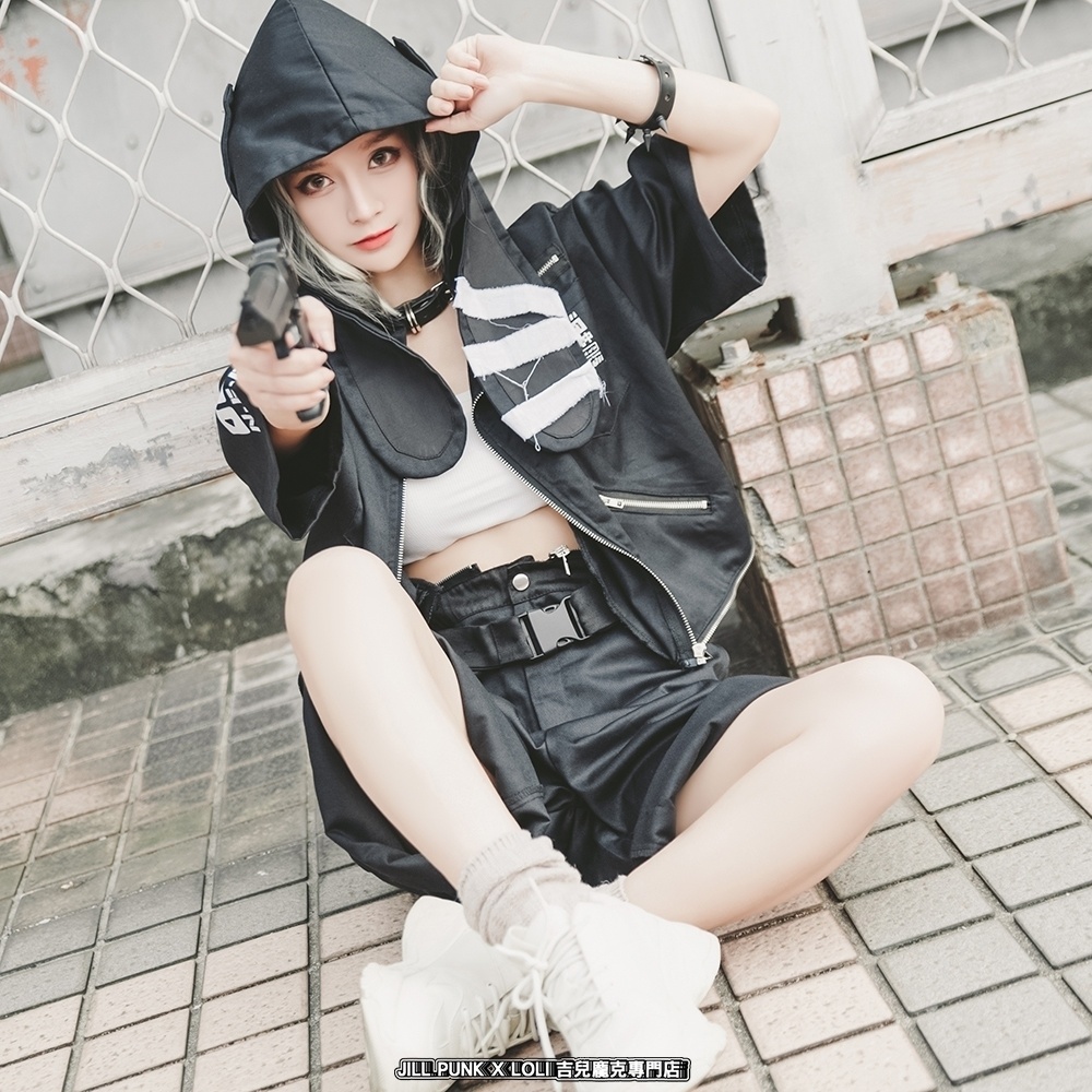 JillpunkオリジナルKERA アニメお宅機動警察NEET自宅警備隊ゲーム配信選手半袖ワークオーバーオール 兎耳フード付きチャック股下取り外し可能作業服パンツズボン メンズ レディーズ おしゃれ大きいサイズ男女兼用ファッション秋葉系カッコいい