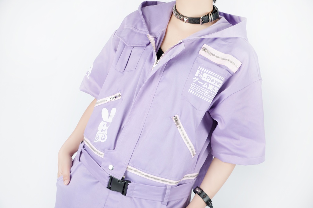 JillpunkオリジナルKERA アニメお宅機動警察NEET自宅警備隊ゲーム配信選手半袖ワークオーバーオール 兎耳フード付きチャック股下取り外し可能作業服パンツズボン メンズ レディーズ おしゃれ大きいサイズ男女兼用ファッション秋葉系カッコいい