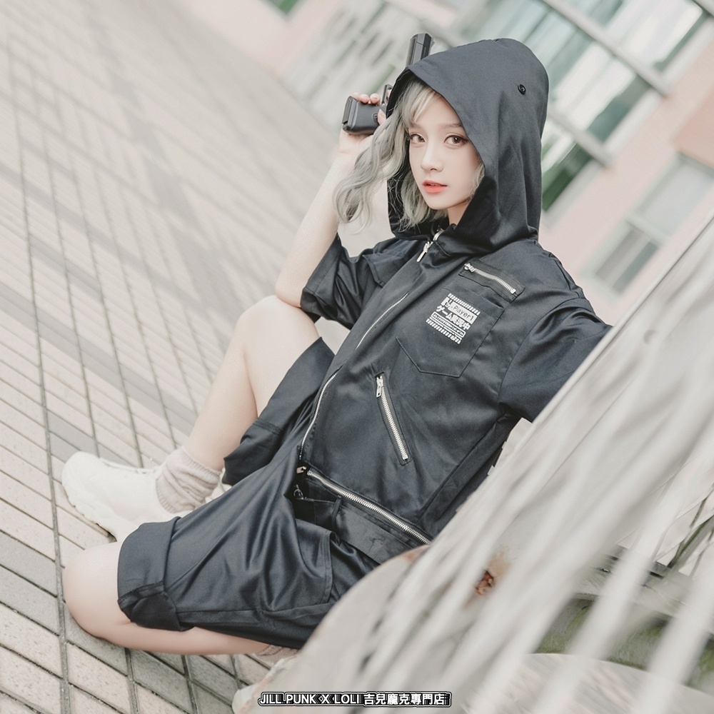 JillpunkオリジナルKERA アニメお宅機動警察NEET自宅警備隊ゲーム配信選手半袖ワークオーバーオール 兎耳フード付きチャック股下取り外し可能作業服パンツズボン メンズ レディーズ おしゃれ大きいサイズ男女兼用ファッション秋葉系カッコいい