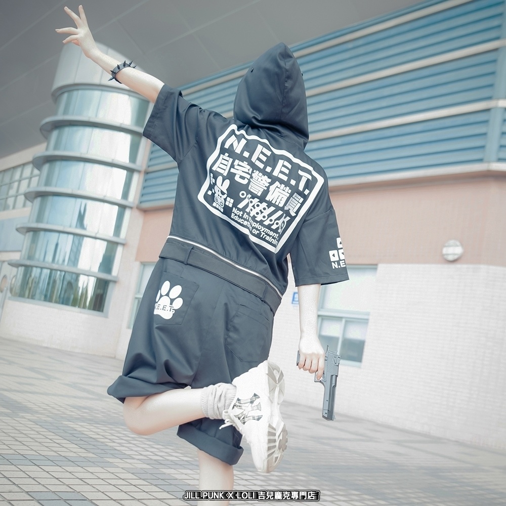 JillpunkオリジナルKERA アニメお宅機動警察NEET自宅警備隊ゲーム配信選手半袖ワークオーバーオール 兎耳フード付きチャック股下取り外し可能作業服パンツズボン メンズ レディーズ おしゃれ大きいサイズ男女兼用ファッション秋葉系カッコいい