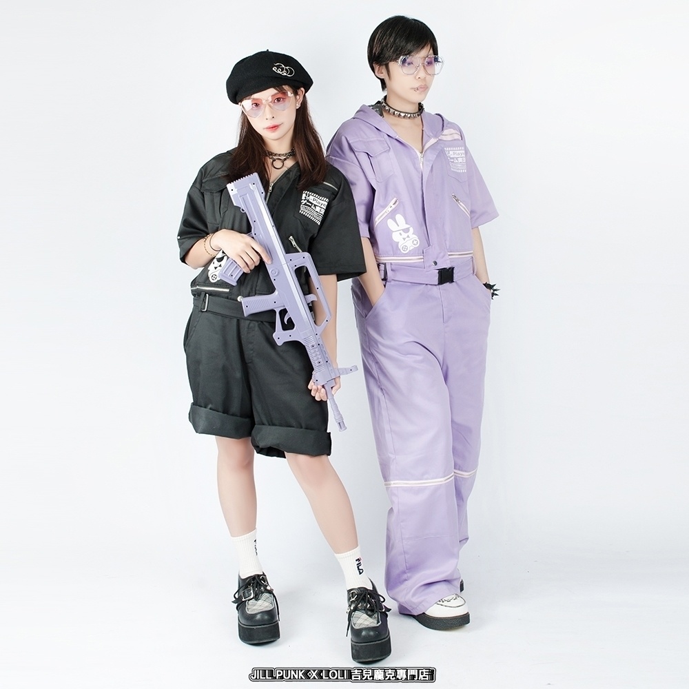 JillpunkオリジナルKERA アニメお宅機動警察NEET自宅警備隊ゲーム配信選手半袖ワークオーバーオール 兎耳フード付きチャック股下取り外し可能作業服パンツズボン メンズ レディーズ おしゃれ大きいサイズ男女兼用ファッション秋葉系カッコいい