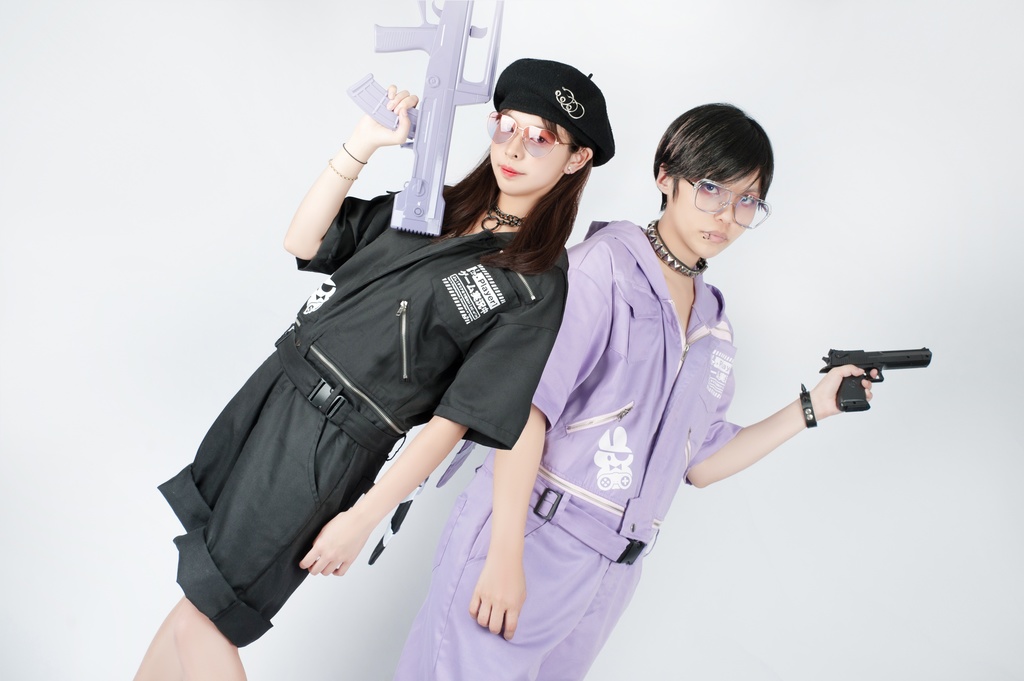 JillpunkオリジナルKERA アニメお宅機動警察NEET自宅警備隊ゲーム配信選手半袖ワークオーバーオール 兎耳フード付きチャック股下取り外し可能作業服パンツズボン メンズ レディーズ おしゃれ大きいサイズ男女兼用ファッション秋葉系カッコいい