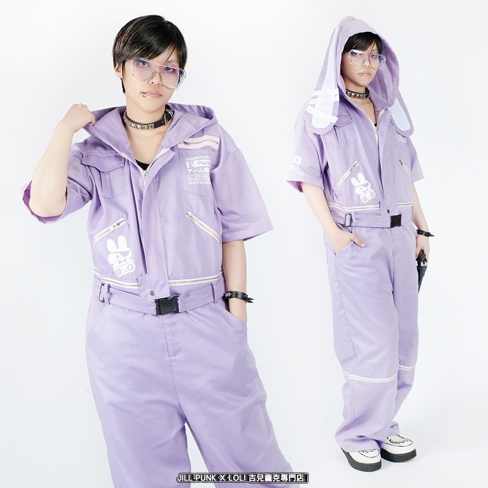 JillpunkオリジナルKERA アニメお宅機動警察NEET自宅警備隊ゲーム配信選手半袖ワークオーバーオール 兎耳フード付きチャック股下取り外し可能作業服パンツズボン メンズ レディーズ おしゃれ大きいサイズ男女兼用ファッション秋葉系カッコいい