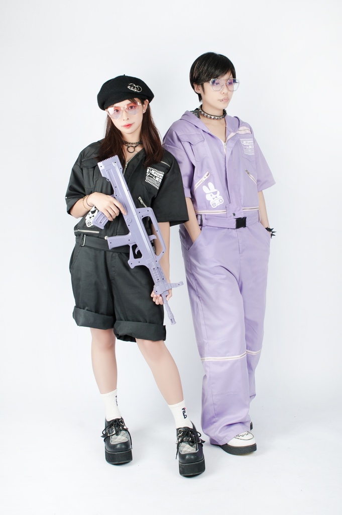 JillpunkオリジナルKERA アニメお宅機動警察NEET自宅警備隊ゲーム配信選手半袖ワークオーバーオール 兎耳フード付きチャック股下取り外し可能作業服パンツズボン メンズ レディーズ おしゃれ大きいサイズ男女兼用ファッション秋葉系カッコいい