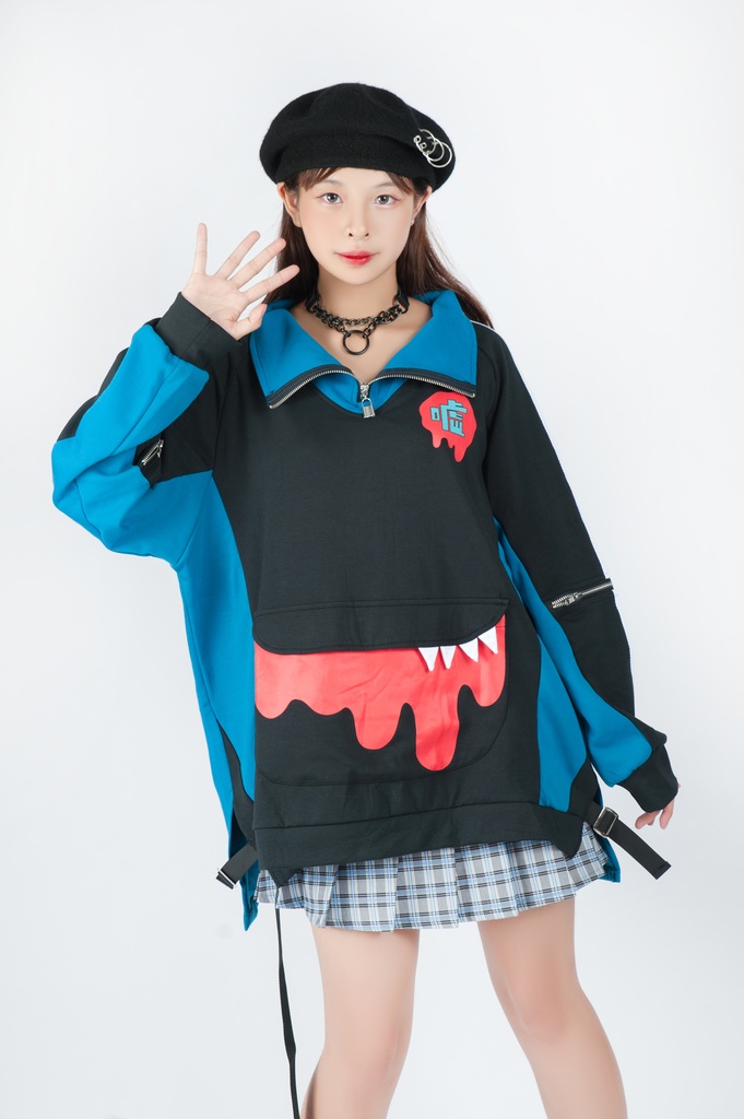 Jillpunkオリジナルアニメ二次コンSoresakiコラボ 嘘モンスタースポーツウェア立ち襟ラグラントレーナーカンガルーポーチ ゆったりユニーセックスチャック長袖tシャツ メンズ レディー 可愛いおしゃれ大きいサイズ男女兼用ファッション原宿秋葉系萌え