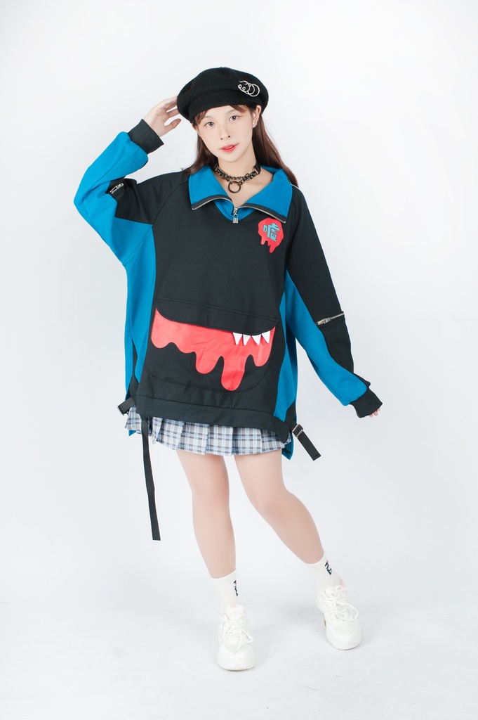 Jillpunkオリジナルアニメ二次コンSoresakiコラボ 嘘モンスタースポーツウェア立ち襟ラグラントレーナーカンガルーポーチ ゆったりユニーセックスチャック長袖tシャツ メンズ レディー 可愛いおしゃれ大きいサイズ男女兼用ファッション原宿秋葉系萌え