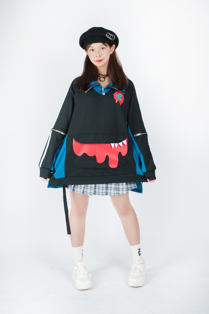 Jillpunkオリジナルアニメ二次コンSoresakiコラボ 嘘モンスタースポーツウェア立ち襟ラグラントレーナーカンガルーポーチ ゆったりユニーセックスチャック長袖tシャツ メンズ レディー 可愛いおしゃれ大きいサイズ男女兼用ファッション原宿秋葉系萌え