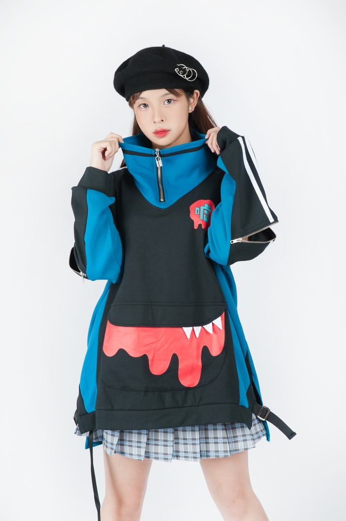 Jillpunkオリジナルアニメ二次コンSoresakiコラボ 嘘モンスタースポーツウェア立ち襟ラグラントレーナーカンガルーポーチ ゆったりユニーセックスチャック長袖tシャツ メンズ レディー 可愛いおしゃれ大きいサイズ男女兼用ファッション原宿秋葉系萌え