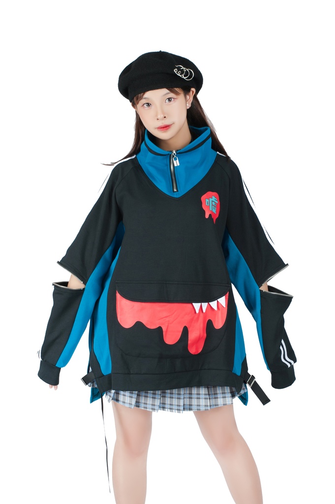 Jillpunkオリジナルアニメ二次コンSoresakiコラボ 嘘モンスタースポーツウェア立ち襟ラグラントレーナーカンガルーポーチ ゆったりユニーセックスチャック長袖tシャツ メンズ レディー 可愛いおしゃれ大きいサイズ男女兼用ファッション原宿秋葉系萌え