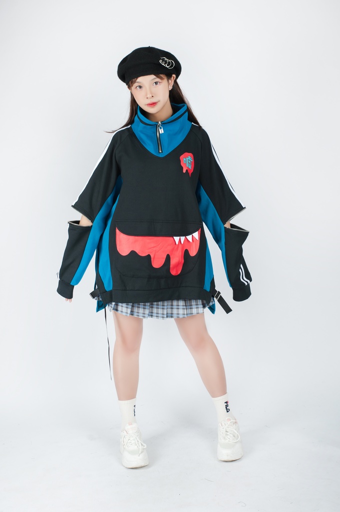 Jillpunkオリジナルアニメ二次コンSoresakiコラボ 嘘モンスタースポーツウェア立ち襟ラグラントレーナーカンガルーポーチ ゆったりユニーセックスチャック長袖tシャツ メンズ レディー 可愛いおしゃれ大きいサイズ男女兼用ファッション原宿秋葉系萌え