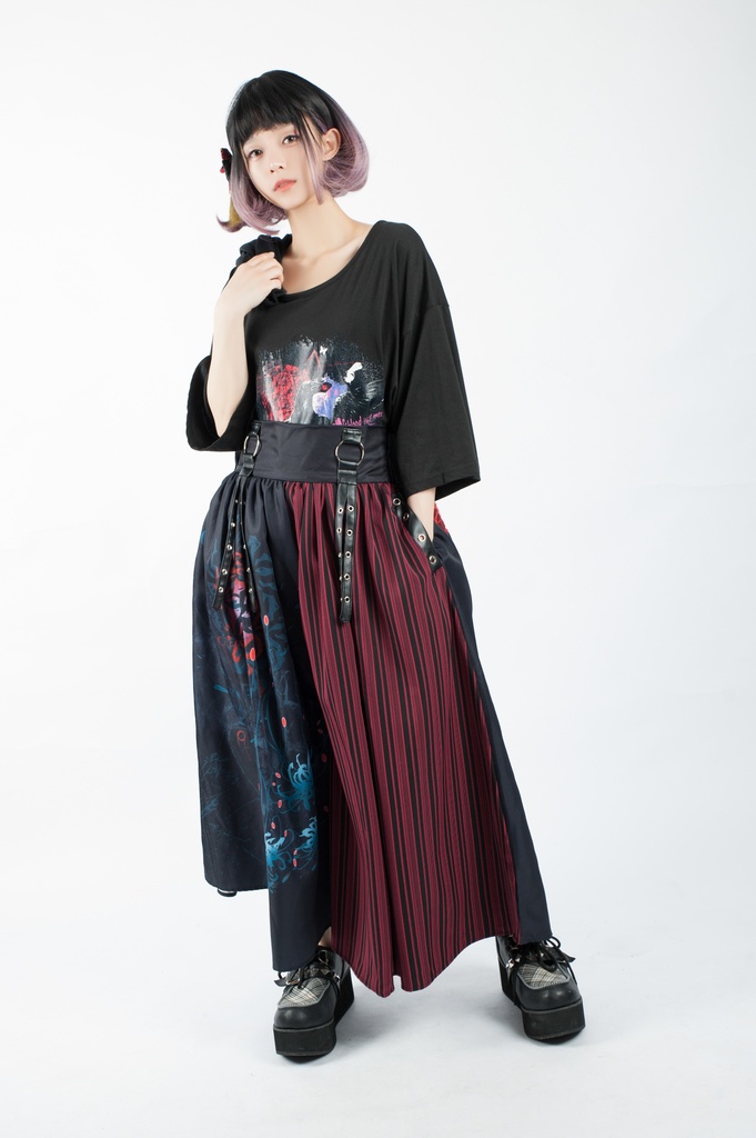 JillpunkオリジナルパンクKERA 曼珠沙華彼岸花大正浪漫浪人侍ドレープ袴ストライプ柄ワイドバギー剣道パンツズボン メンズ レディースV系秋葉系和風おしゃれCOSPLAYヴィジュアル系