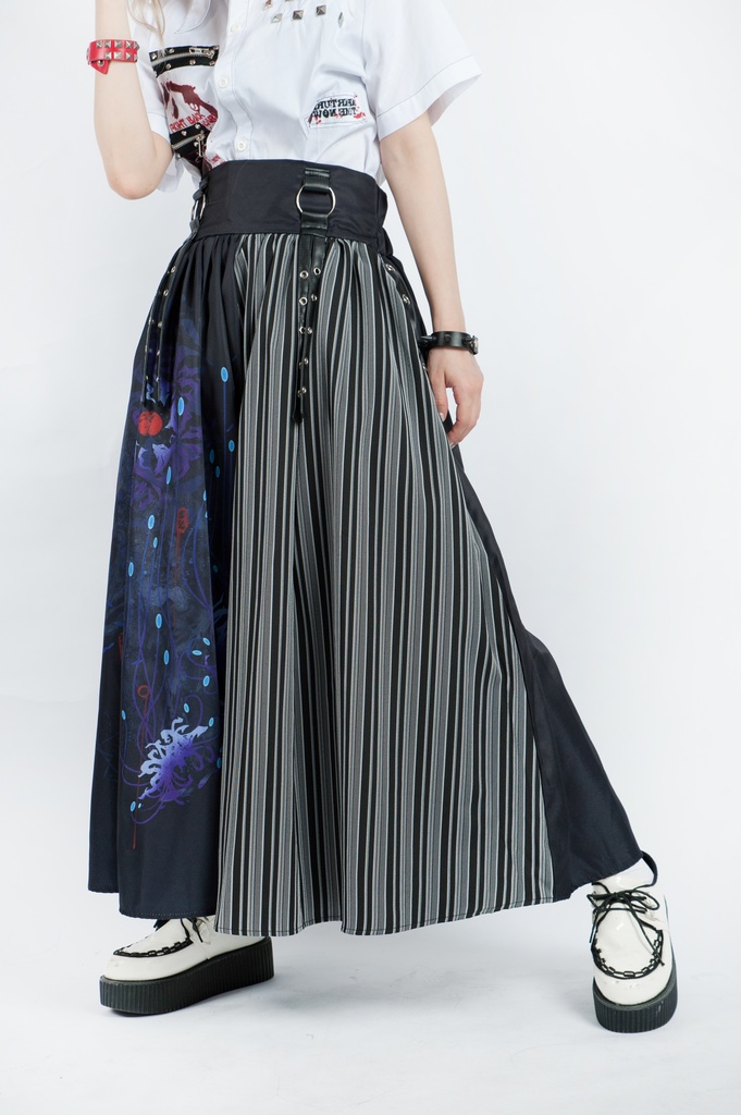 JillpunkオリジナルパンクKERA 曼珠沙華彼岸花大正浪漫浪人侍ドレープ袴ストライプ柄ワイドバギー剣道パンツズボン メンズ レディースV系秋葉系和風おしゃれCOSPLAYヴィジュアル系