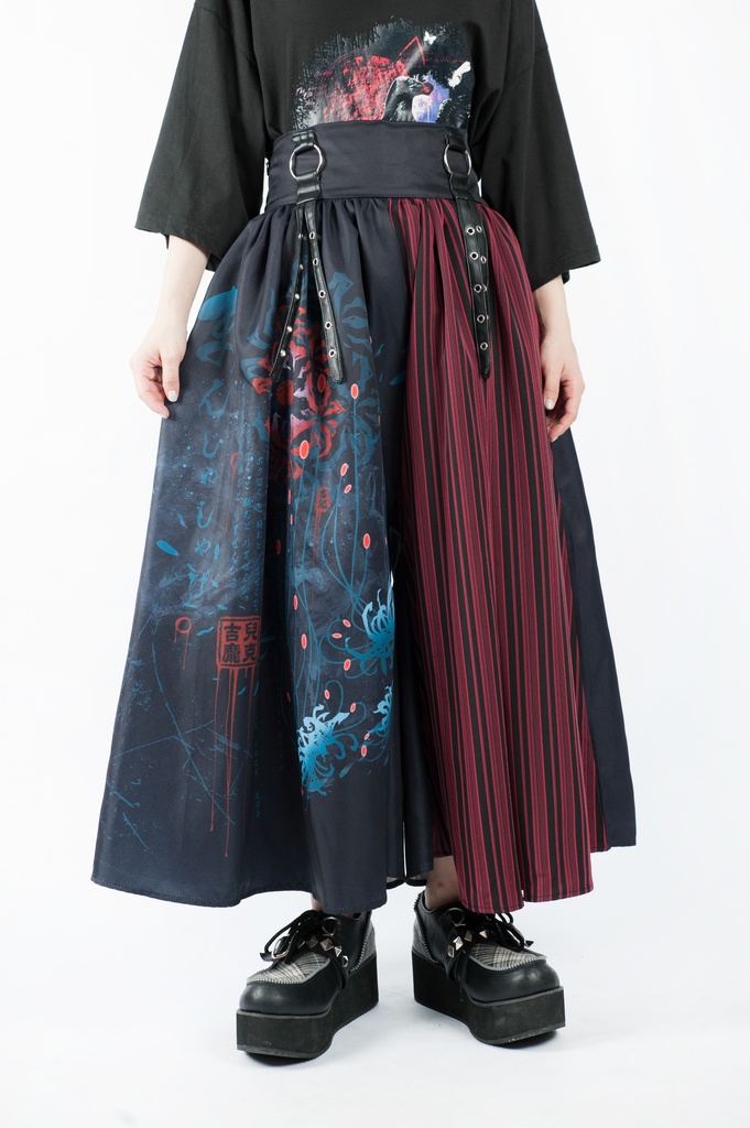 JillpunkオリジナルパンクKERA 曼珠沙華彼岸花大正浪漫浪人侍ドレープ袴ストライプ柄ワイドバギー剣道パンツズボン メンズ レディースV系秋葉系和風おしゃれCOSPLAYヴィジュアル系