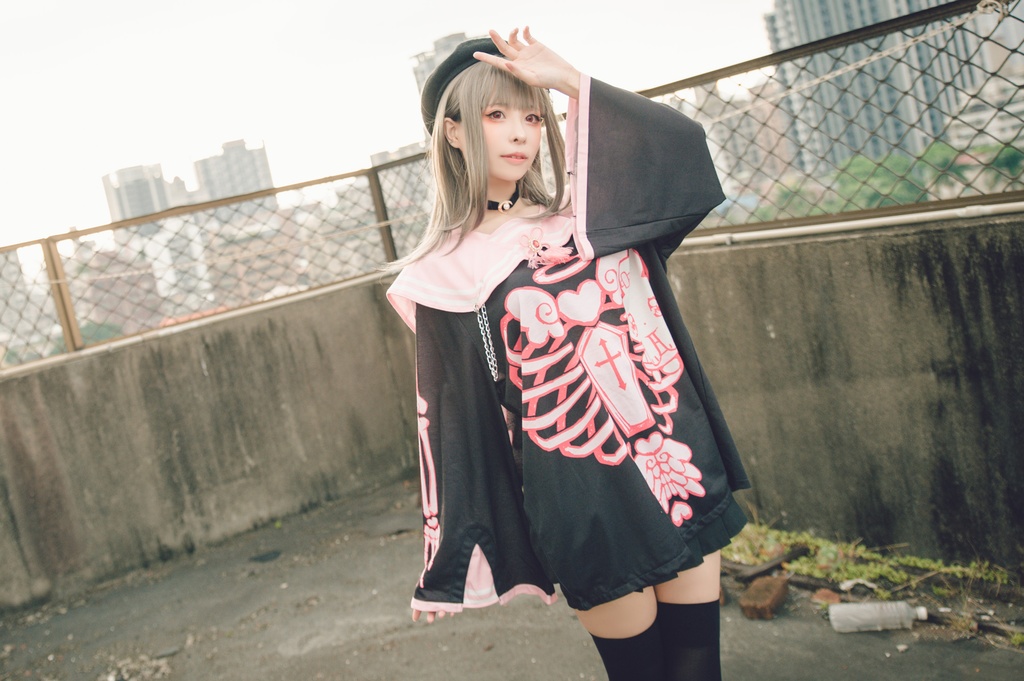 Jillpunkオリジナルメンヘラヤンデレ rinihimmeコラボ天使兎バニーガール冨貴結び付きチャイナ中華風肋骨スケルトンプリント長袖セーラー水兵服Tシャツカットソー 制服COSPLAYレディースV系 姫系森系ロリータ おしゃれ可愛い地雷系萌え