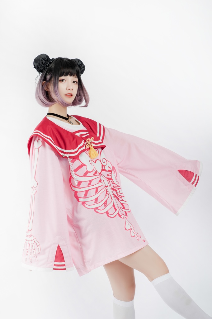 Jillpunkオリジナルメンヘラヤンデレ rinihimmeコラボ天使兎バニーガール冨貴結び付きチャイナ中華風肋骨スケルトンプリント長袖セーラー水兵服Tシャツカットソー 制服COSPLAYレディースV系 姫系森系ロリータ おしゃれ可愛い地雷系萌え