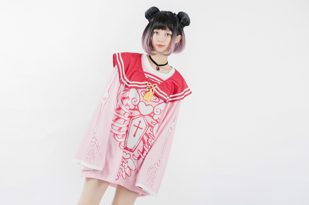 Jillpunkオリジナルメンヘラヤンデレ rinihimmeコラボ天使兎バニーガール冨貴結び付きチャイナ中華風肋骨スケルトンプリント長袖セーラー水兵服Tシャツカットソー 制服COSPLAYレディースV系 姫系森系ロリータ おしゃれ可愛い地雷系萌え