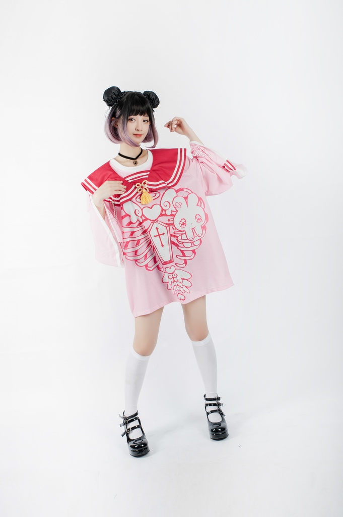 Jillpunkオリジナルメンヘラヤンデレ rinihimmeコラボ天使兎バニーガール冨貴結び付きチャイナ中華風肋骨スケルトンプリント長袖セーラー水兵服Tシャツカットソー 制服COSPLAYレディースV系 姫系森系ロリータ おしゃれ可愛い地雷系萌え