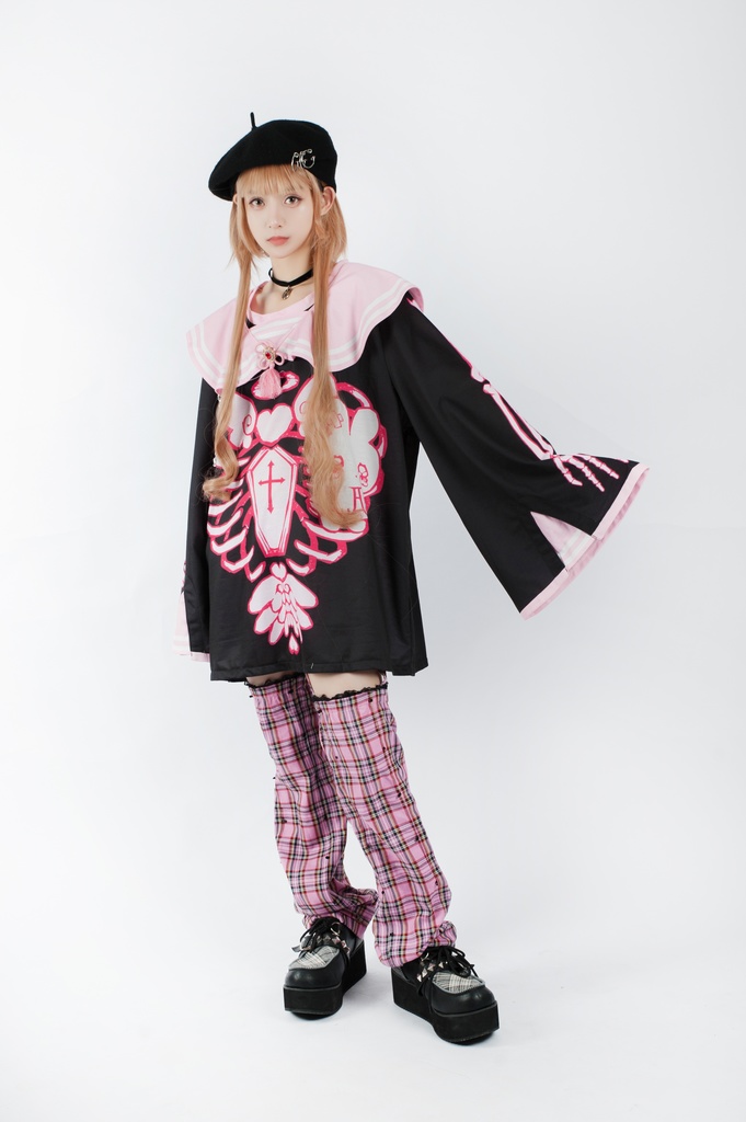 Jillpunkオリジナルメンヘラヤンデレ rinihimmeコラボ天使兎バニーガール冨貴結び付きチャイナ中華風肋骨スケルトンプリント長袖セーラー水兵服Tシャツカットソー 制服COSPLAYレディースV系 姫系森系ロリータ おしゃれ可愛い地雷系萌え