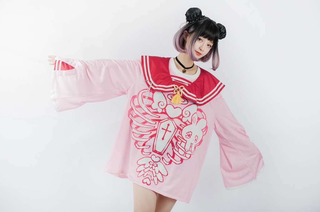 Jillpunkオリジナルメンヘラヤンデレ rinihimmeコラボ天使兎バニーガール冨貴結び付きチャイナ中華風肋骨スケルトンプリント長袖セーラー水兵服Tシャツカットソー 制服COSPLAYレディースV系 姫系森系ロリータ おしゃれ可愛い地雷系萌え