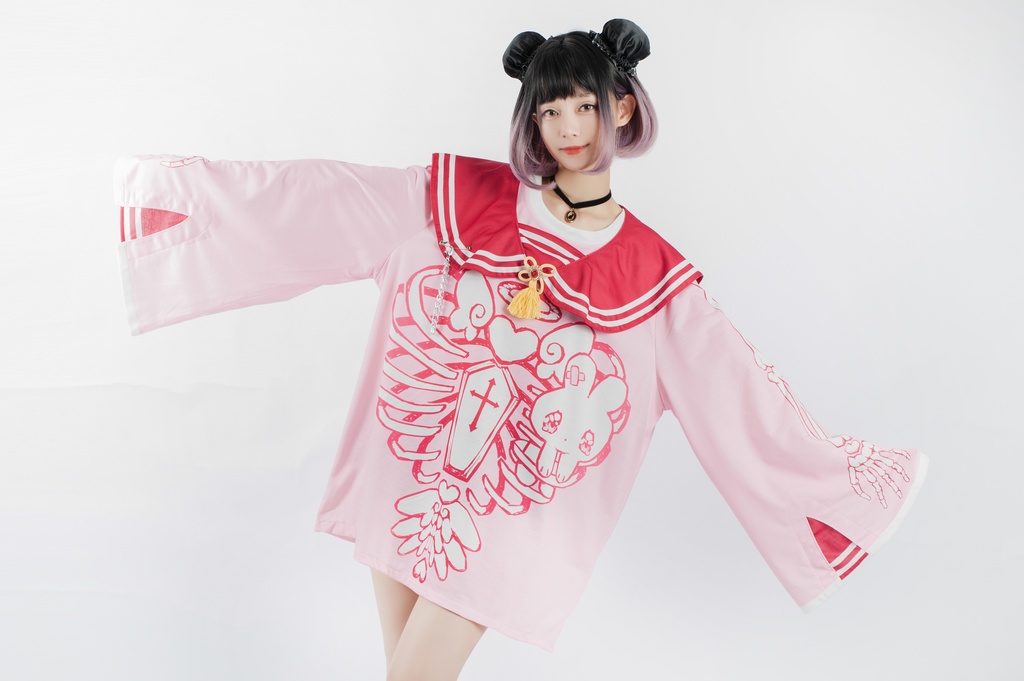 Jillpunkオリジナルメンヘラヤンデレ rinihimmeコラボ天使兎バニーガール冨貴結び付きチャイナ中華風肋骨スケルトンプリント長袖セーラー水兵服Tシャツカットソー 制服COSPLAYレディースV系 姫系森系ロリータ おしゃれ可愛い地雷系萌え