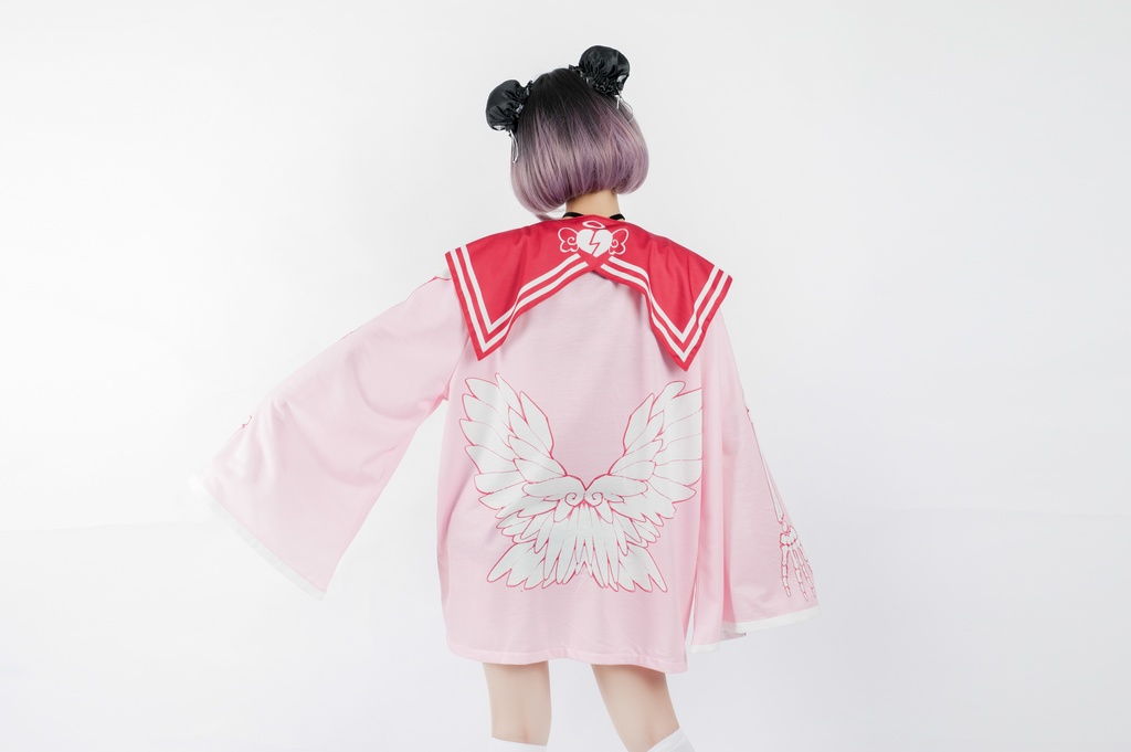 Jillpunkオリジナルメンヘラヤンデレ rinihimmeコラボ天使兎バニーガール冨貴結び付きチャイナ中華風肋骨スケルトンプリント長袖セーラー水兵服Tシャツカットソー 制服COSPLAYレディースV系 姫系森系ロリータ おしゃれ可愛い地雷系萌え