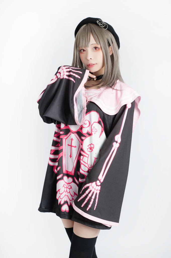 Jillpunkオリジナルメンヘラヤンデレ rinihimmeコラボ天使兎バニーガール冨貴結び付きチャイナ中華風肋骨スケルトンプリント長袖セーラー水兵服Tシャツカットソー 制服COSPLAYレディースV系 姫系森系ロリータ おしゃれ可愛い地雷系萌え