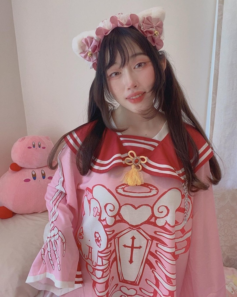 Jillpunkオリジナルメンヘラヤンデレ rinihimmeコラボ天使兎バニーガール冨貴結び付きチャイナ中華風肋骨スケルトンプリント長袖セーラー水兵服Tシャツカットソー 制服COSPLAYレディースV系 姫系森系ロリータ おしゃれ可愛い地雷系萌え