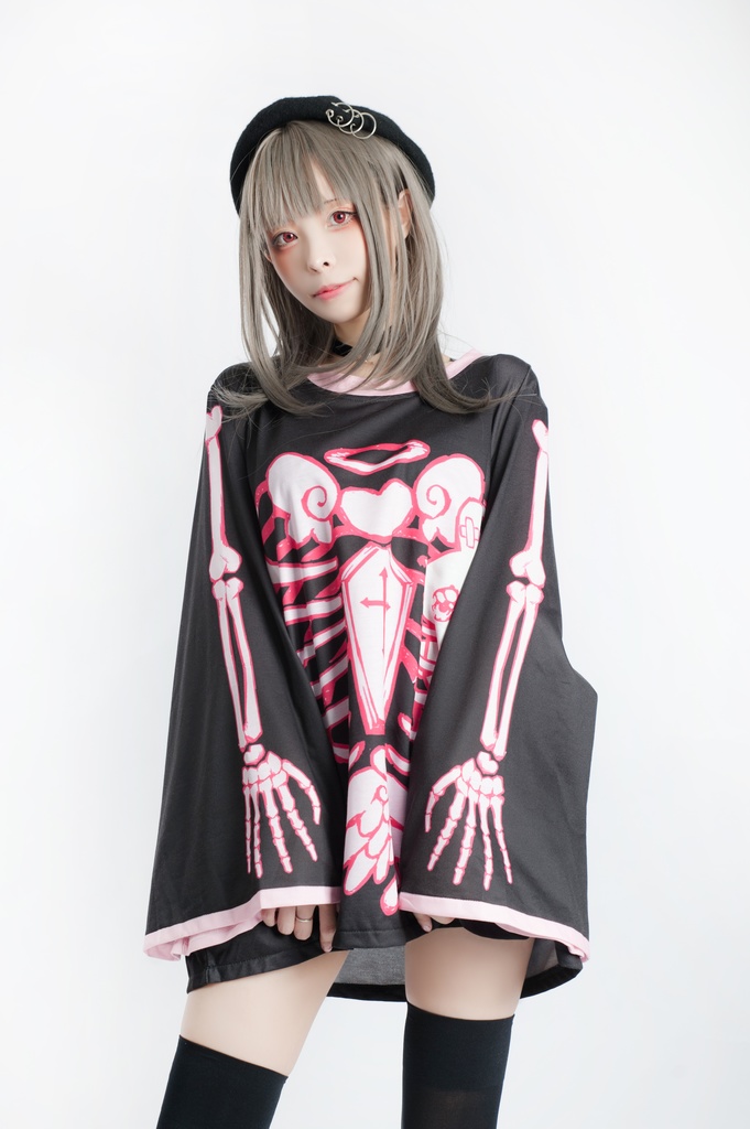 Jillpunkオリジナルメンヘラヤンデレ rinihimmeコラボ天使兎バニーガール冨貴結び付きチャイナ中華風肋骨スケルトンプリント長袖セーラー水兵服Tシャツカットソー 制服COSPLAYレディースV系 姫系森系ロリータ おしゃれ可愛い地雷系萌え