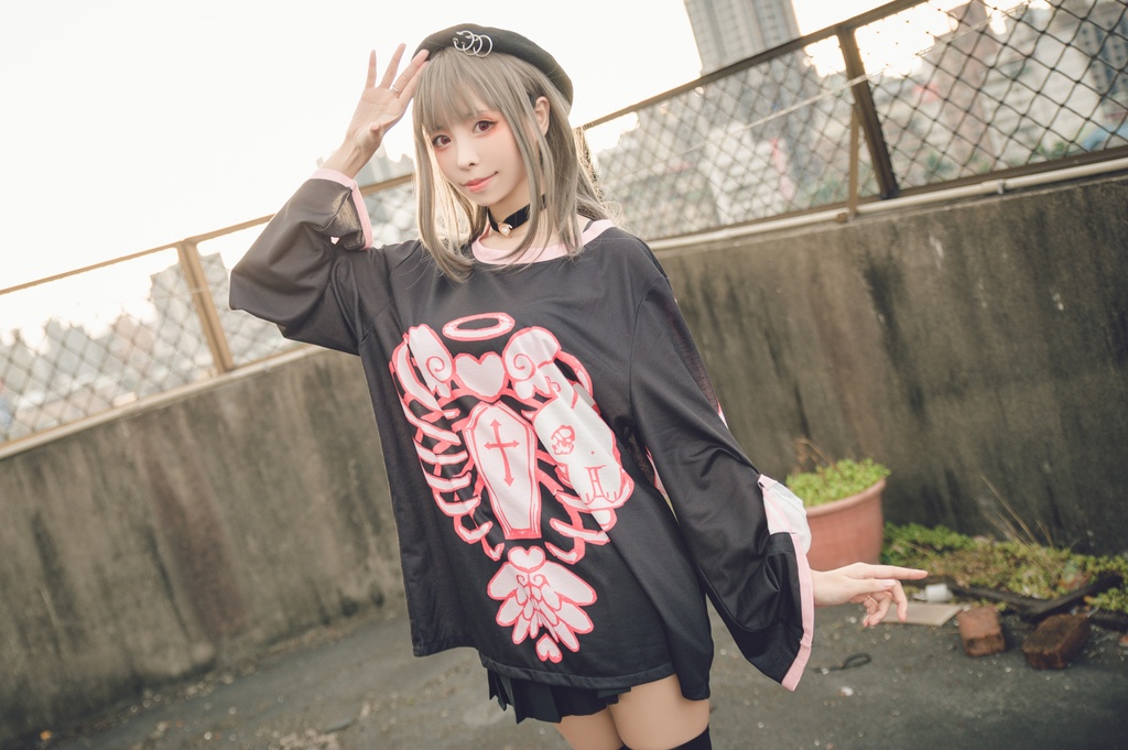 Jillpunkオリジナルメンヘラヤンデレ rinihimmeコラボ天使兎バニーガール冨貴結び付きチャイナ中華風肋骨スケルトンプリント長袖セーラー水兵服Tシャツカットソー 制服COSPLAYレディースV系 姫系森系ロリータ おしゃれ可愛い地雷系萌え