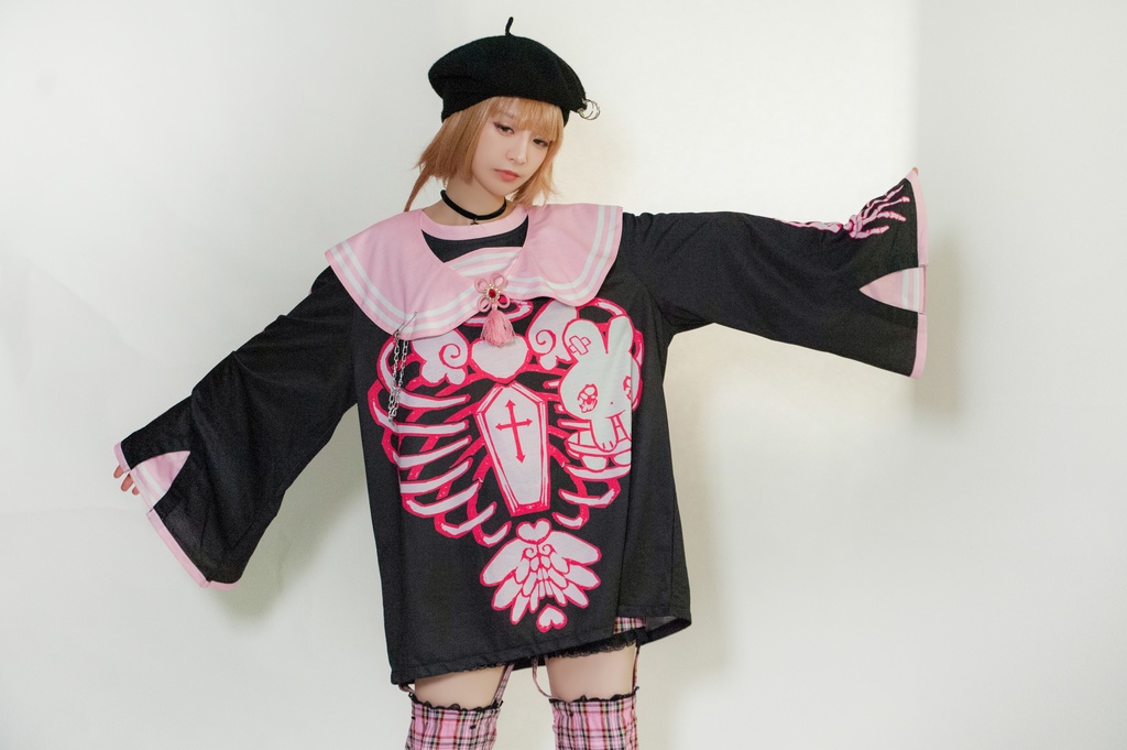 Jillpunkオリジナルメンヘラヤンデレ rinihimmeコラボ天使兎バニーガール冨貴結び付きチャイナ中華風肋骨スケルトンプリント長袖セーラー水兵服Tシャツカットソー 制服COSPLAYレディースV系 姫系森系ロリータ おしゃれ可愛い地雷系萌え
