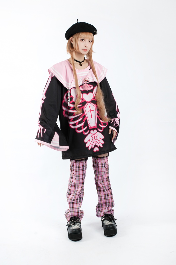 Jillpunkオリジナルメンヘラヤンデレ rinihimmeコラボ天使兎バニーガール冨貴結び付きチャイナ中華風肋骨スケルトンプリント長袖セーラー水兵服Tシャツカットソー 制服COSPLAYレディースV系 姫系森系ロリータ おしゃれ可愛い地雷系萌え