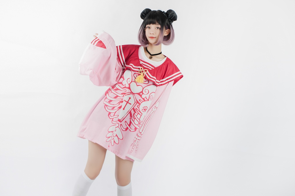 Jillpunkオリジナルメンヘラヤンデレ rinihimmeコラボ天使兎バニーガール冨貴結び付きチャイナ中華風肋骨スケルトンプリント長袖セーラー水兵服Tシャツカットソー 制服COSPLAYレディースV系 姫系森系ロリータ おしゃれ可愛い地雷系萌え