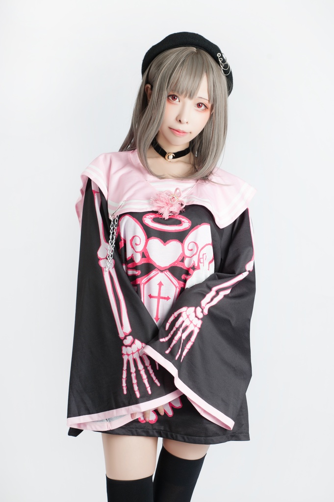 Jillpunkオリジナルメンヘラヤンデレ rinihimmeコラボ天使兎バニーガール冨貴結び付きチャイナ中華風肋骨スケルトンプリント長袖セーラー水兵服Tシャツカットソー 制服COSPLAYレディースV系 姫系森系ロリータ おしゃれ可愛い地雷系萌え