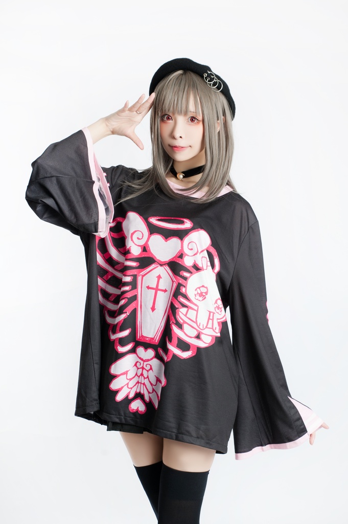 Jillpunkオリジナルメンヘラヤンデレ rinihimmeコラボ天使兎バニーガール冨貴結び付きチャイナ中華風肋骨スケルトンプリント長袖セーラー水兵服Tシャツカットソー 制服COSPLAYレディースV系 姫系森系ロリータ おしゃれ可愛い地雷系萌え