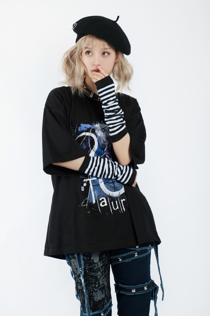 JillpunkオリジナルスタイルKERA 天の牡牛アストロラーベおうし座星座プリントゆったり半袖TシャツOversizeオーバーサイズ メンズ レディーズ おしゃれ男女兼用ファッション秋葉系カッコいい