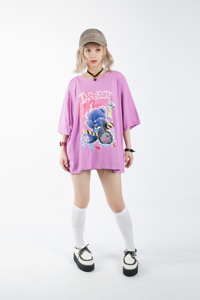 JillpunkオリジナルスタイルKERA 病みカワ快楽中毒熊ボス熊くまさんサイケデリックプリントゆったり半袖TシャツOversizeオーバーサイズ メンズ レディーズ おしゃれ男女兼用ファッション秋葉系可愛い萌え