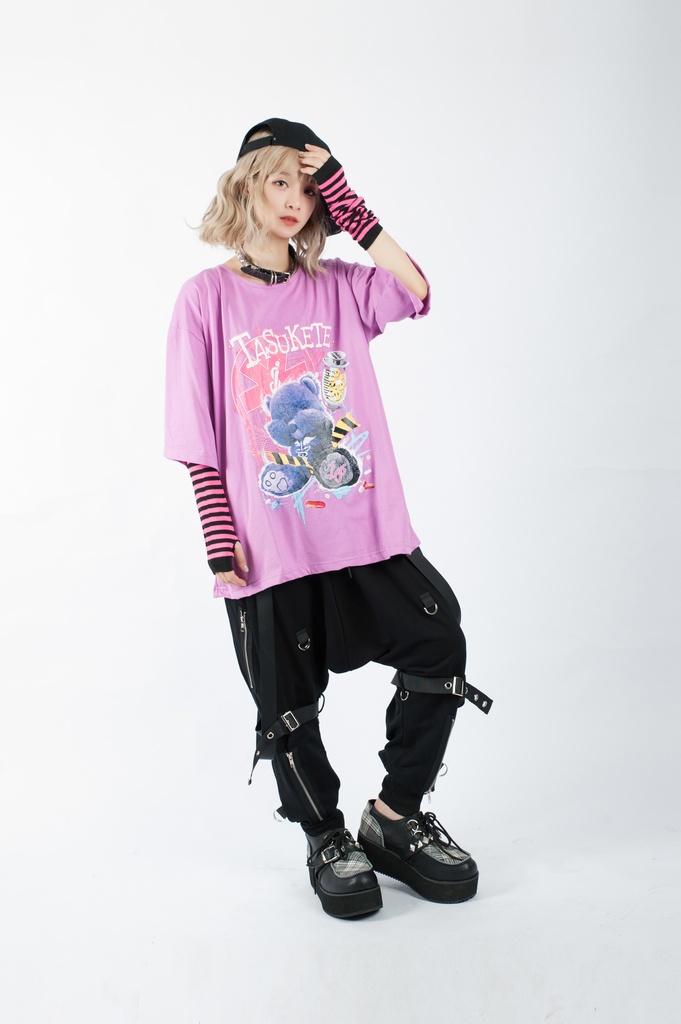 JillpunkオリジナルスタイルKERA 病みカワ快楽中毒熊ボス熊くまさんサイケデリックプリントゆったり半袖TシャツOversizeオーバーサイズ メンズ レディーズ おしゃれ男女兼用ファッション秋葉系可愛い萌え