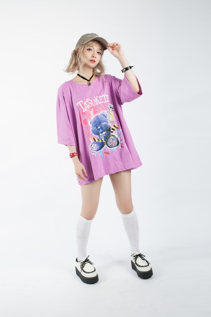 JillpunkオリジナルスタイルKERA 病みカワ快楽中毒熊ボス熊くまさんサイケデリックプリントゆったり半袖TシャツOversizeオーバーサイズ メンズ レディーズ おしゃれ男女兼用ファッション秋葉系可愛い萌え