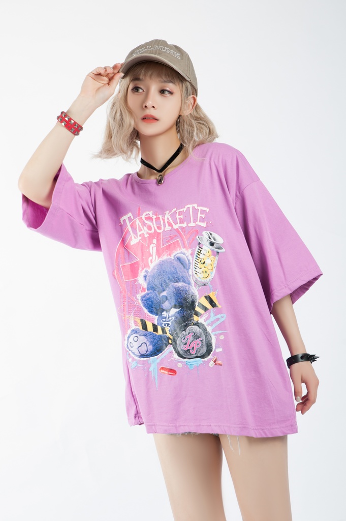 JillpunkオリジナルスタイルKERA 病みカワ快楽中毒熊ボス熊くまさんサイケデリックプリントゆったり半袖TシャツOversizeオーバーサイズ メンズ レディーズ おしゃれ男女兼用ファッション秋葉系可愛い萌え