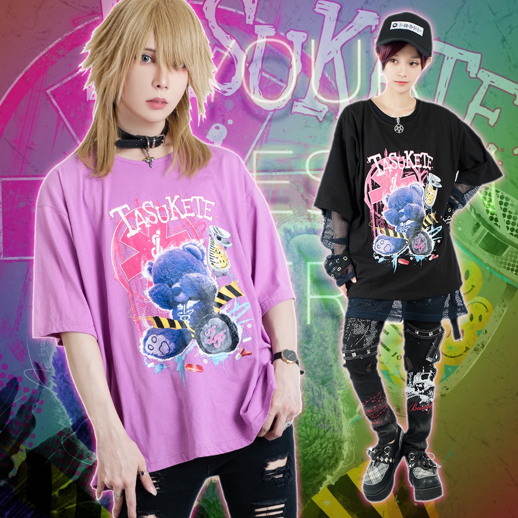 JillpunkオリジナルスタイルKERA 病みカワ快楽中毒熊ボス熊くまさんサイケデリックプリントゆったり半袖ＴシャツOversizeオーバーサイズ メンズ レディーズ おしゃれ男女兼用ファッション秋葉系可愛い萌え