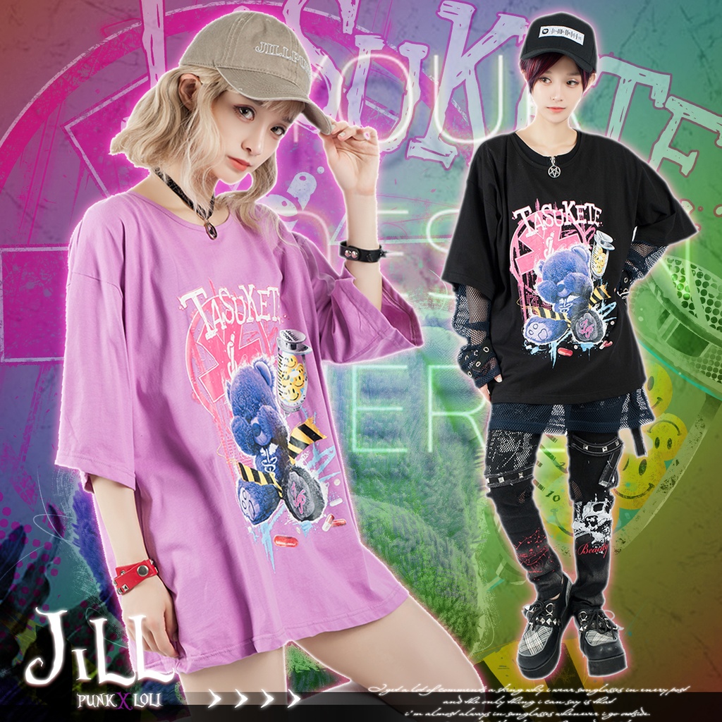 JillpunkオリジナルスタイルKERA 病みカワ快楽中毒熊ボス熊くまさんサイケデリックプリントゆったり半袖TシャツOversizeオーバーサイズ メンズ レディーズ おしゃれ男女兼用ファッション秋葉系可愛い萌え