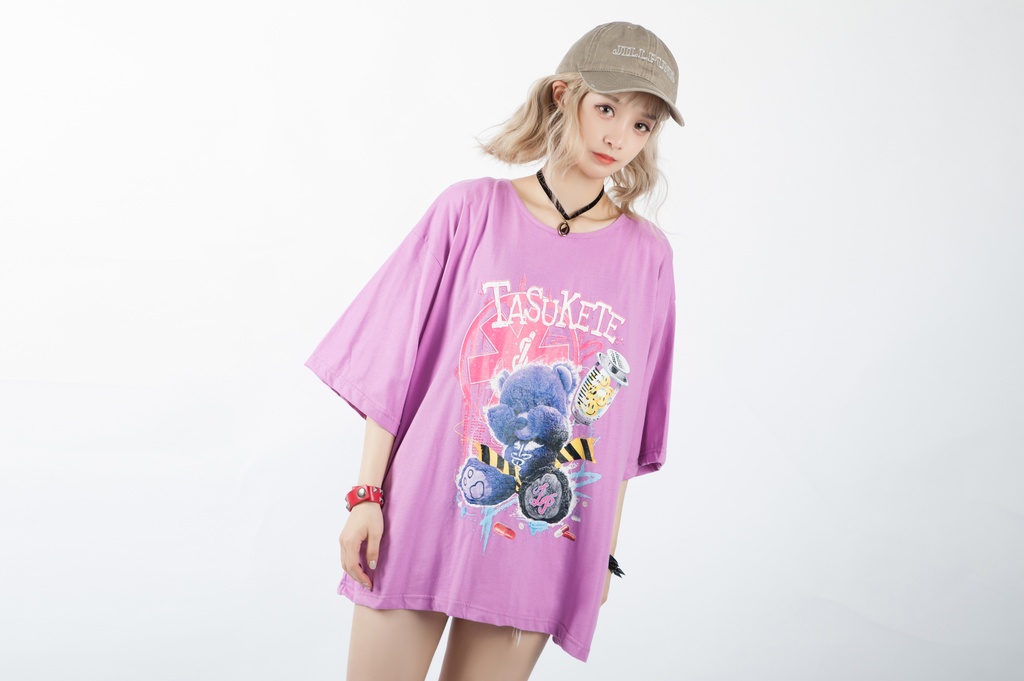 JillpunkオリジナルスタイルKERA 病みカワ快楽中毒熊ボス熊くまさんサイケデリックプリントゆったり半袖TシャツOversizeオーバーサイズ メンズ レディーズ おしゃれ男女兼用ファッション秋葉系可愛い萌え