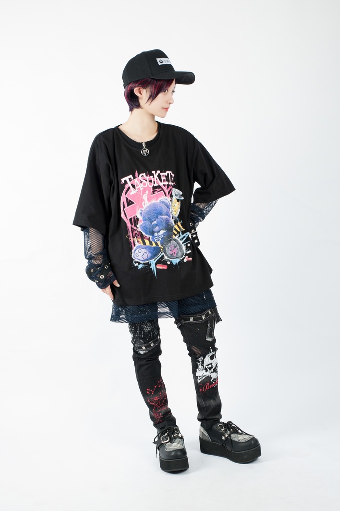 JillpunkオリジナルスタイルKERA 病みカワ快楽中毒熊ボス熊くまさんサイケデリックプリントゆったり半袖TシャツOversizeオーバーサイズ メンズ レディーズ おしゃれ男女兼用ファッション秋葉系可愛い萌え