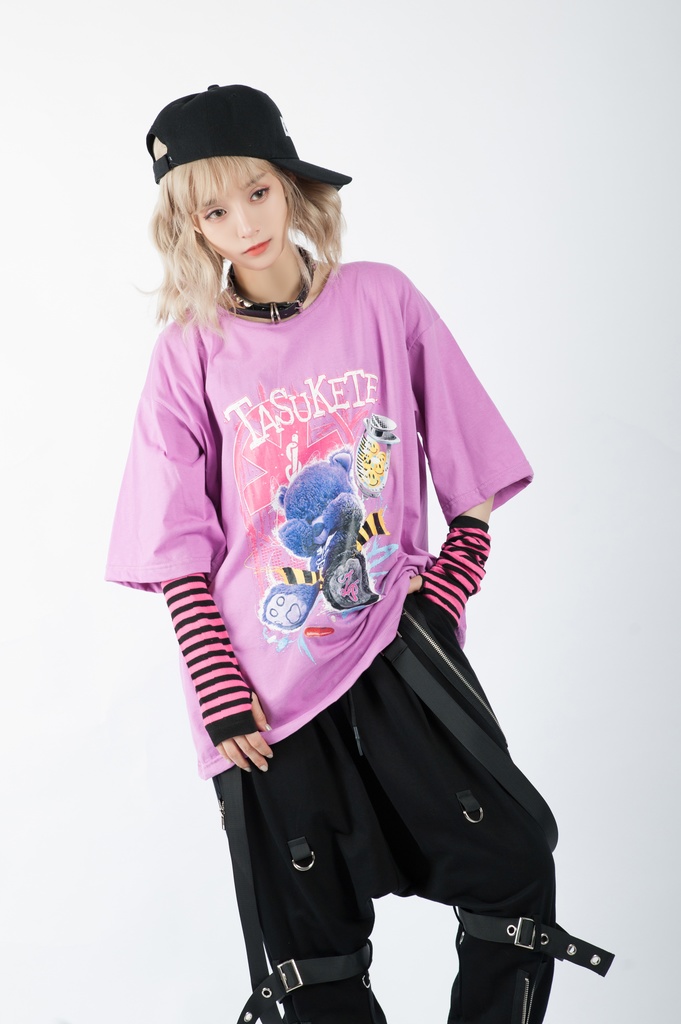 JillpunkオリジナルスタイルKERA 病みカワ快楽中毒熊ボス熊くまさんサイケデリックプリントゆったり半袖TシャツOversizeオーバーサイズ メンズ レディーズ おしゃれ男女兼用ファッション秋葉系可愛い萌え