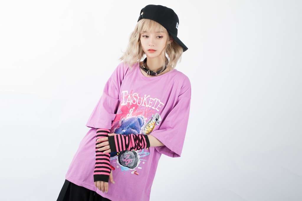 JillpunkオリジナルスタイルKERA 病みカワ快楽中毒熊ボス熊くまさんサイケデリックプリントゆったり半袖TシャツOversizeオーバーサイズ メンズ レディーズ おしゃれ男女兼用ファッション秋葉系可愛い萌え