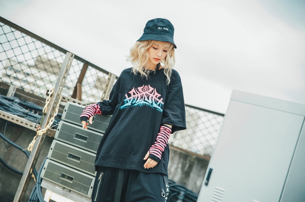 JillpunkオリジナルスタイルKERAパンク ロック失われた安息日ヘヴィメタル記号プリントゆったり半袖TシャツOversizeオーバーサイズ メンズ レディーズ おしゃれ男女兼用ファッション秋葉系カッコいい