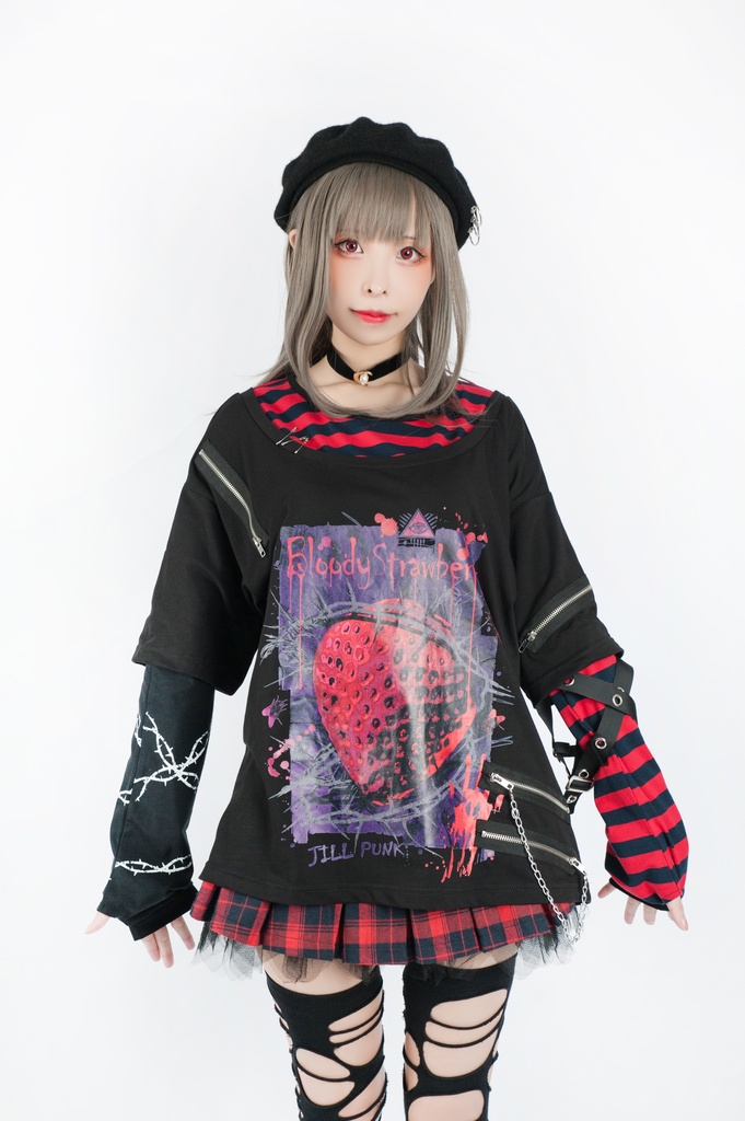 JillpunkオリジナルKERAパンクロック血染イチゴストロベリー ストライプ柄クルーネックアームカバー付き半袖Tシャツ・カットソー上着ユニセックス メンズ レディース男女兼用おしゃれV系ファッション秋葉系カッコいい 病みかわハロウィン