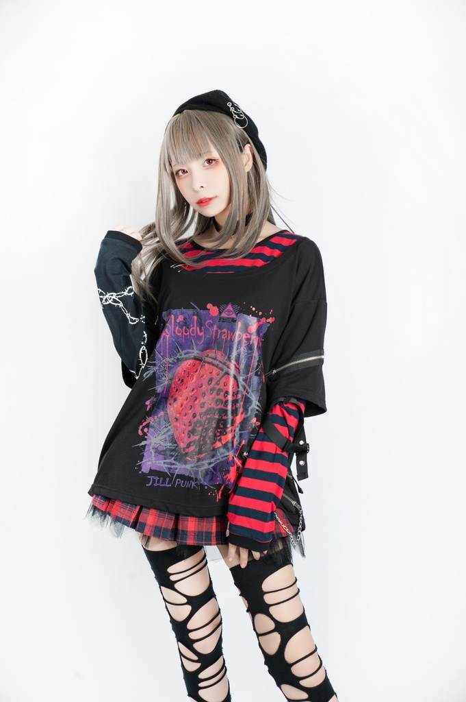 JillpunkオリジナルKERAパンクロック血染イチゴストロベリー ストライプ柄クルーネックアームカバー付き半袖Tシャツ・カットソー上着ユニセックス メンズ レディース男女兼用おしゃれV系ファッション秋葉系カッコいい 病みかわハロウィン